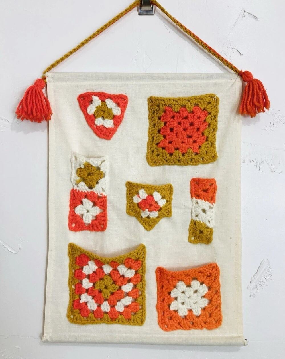 60s Crochet Pockets Sturdy Wall Hanging Storage Organizer Orange Brown Mail Pens